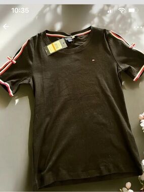 Black Womens S Short Sleeve Tee with Red-White Stripe Detail and bows
